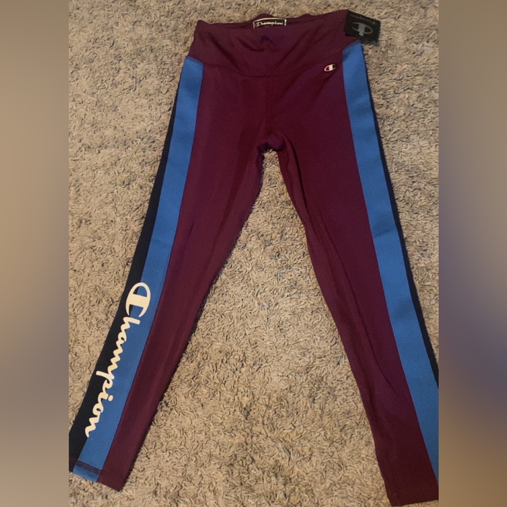 Champion Leggings| Small| Maroon w/ Black and Blue Stripes